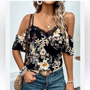 Cold Shoulder Womens 1X Coquette Floral Babydoll Whimsigoth Boho Lace Cottage